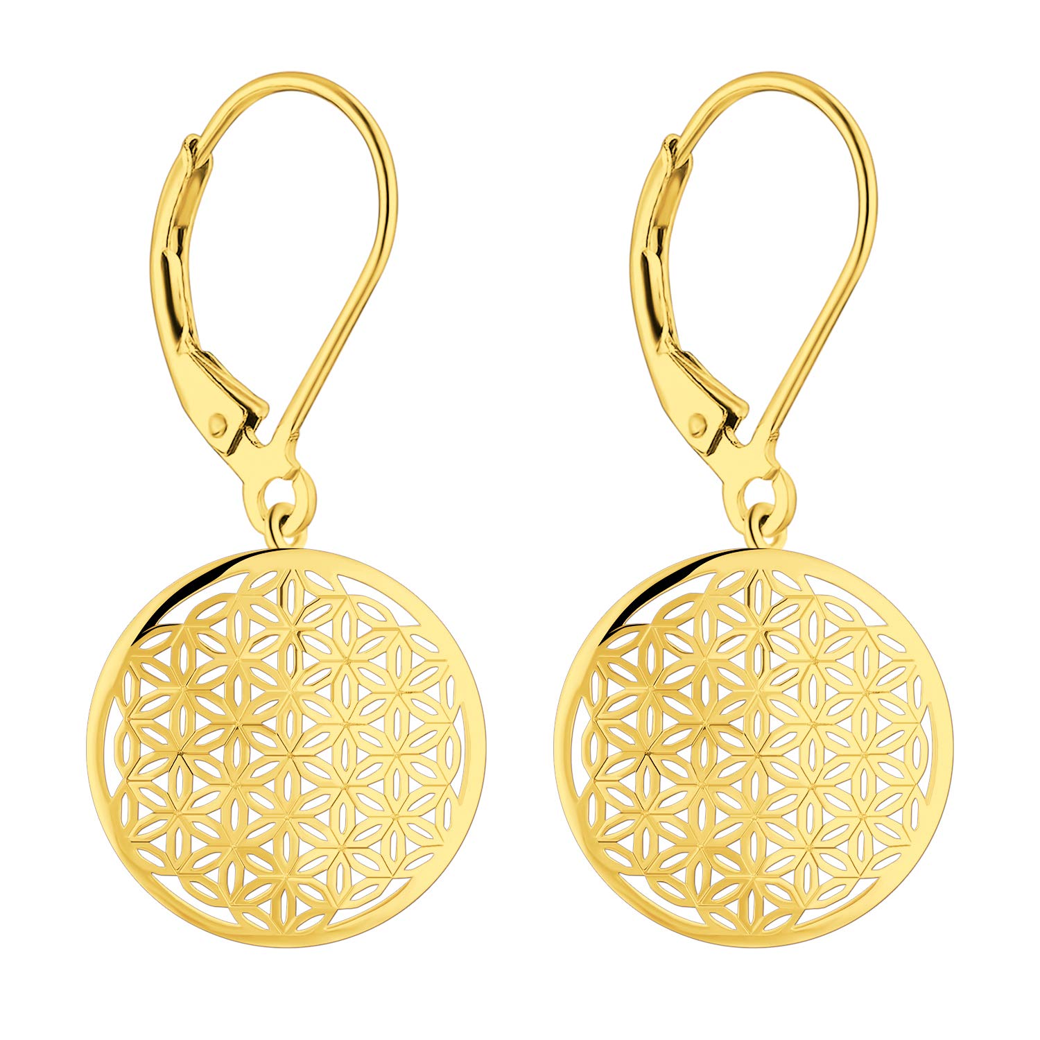 JO WISDOM Women Earrings,925 Sterling Silver Flower of Life Amulet Leverback Dangle & Drop Earrings with Yellow Gold Plated
