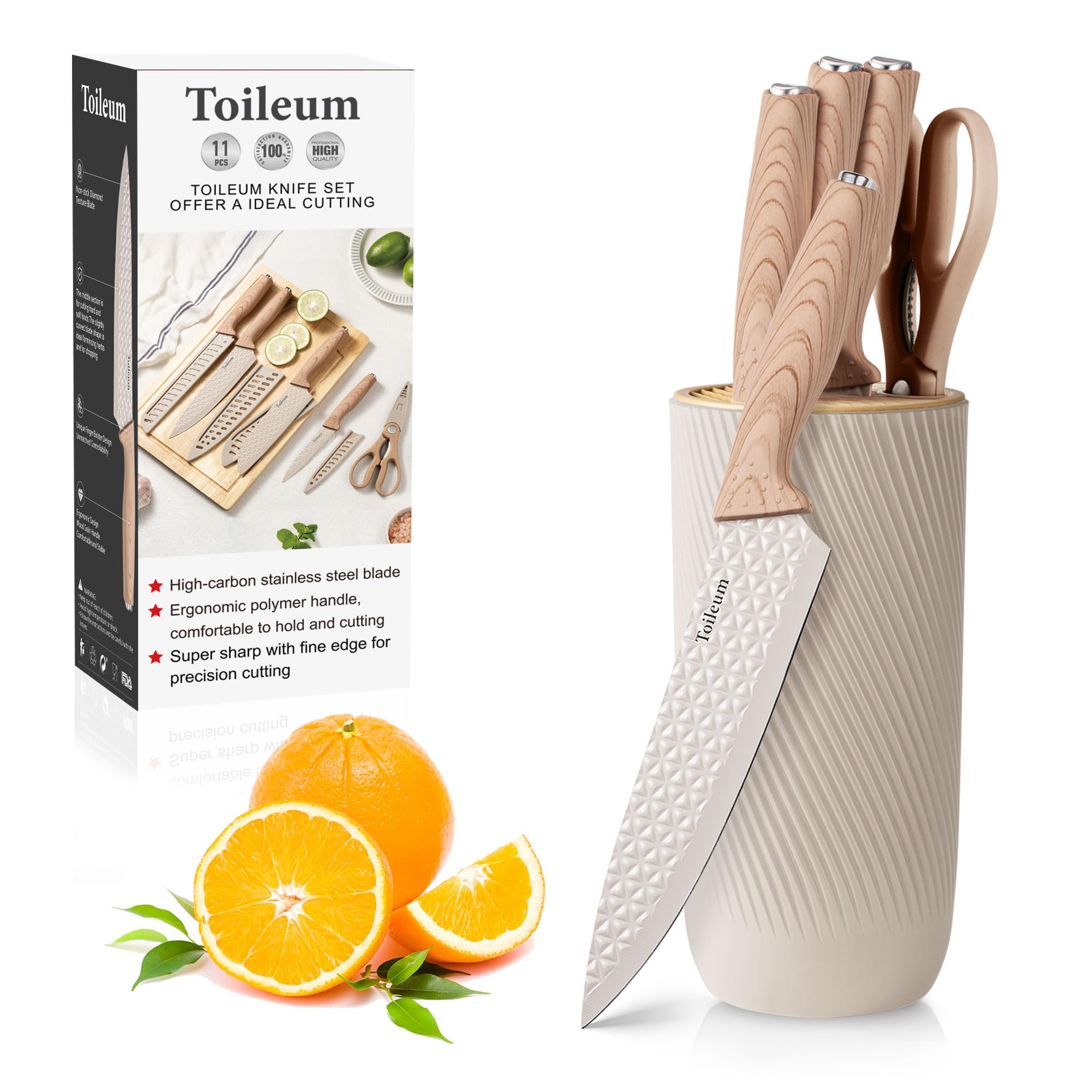 Photo 1 of Knife Set, Toileum 11 Piece Khaki Kitchen Knife Block Set, Anti-Rust Non-Stick Stainless Steel Chef Knife Sets with 6 Blade Guards for Kitchen, Ergonomical Design (Khaki)