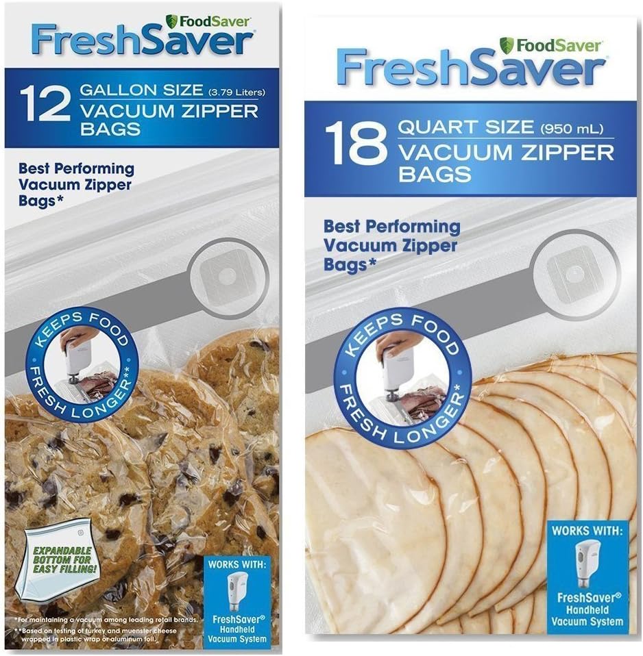 FoodSaver Freshsaver 18 Quart-sized and 12 Gallon-sized Vacuum Zipper Bags Bundle - BPA Free (2 Pack)