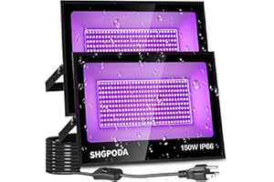 SHGPODA 150W Flood Blacklight 2 Pack with 10ft Cord Plug Switch, Light Up 55x55ft, 300 LEDs IP66 Waterproof Outdoor Black Lights Panel for Glow Party, Fluorescent Poster, Body Paint, Halloween Decor