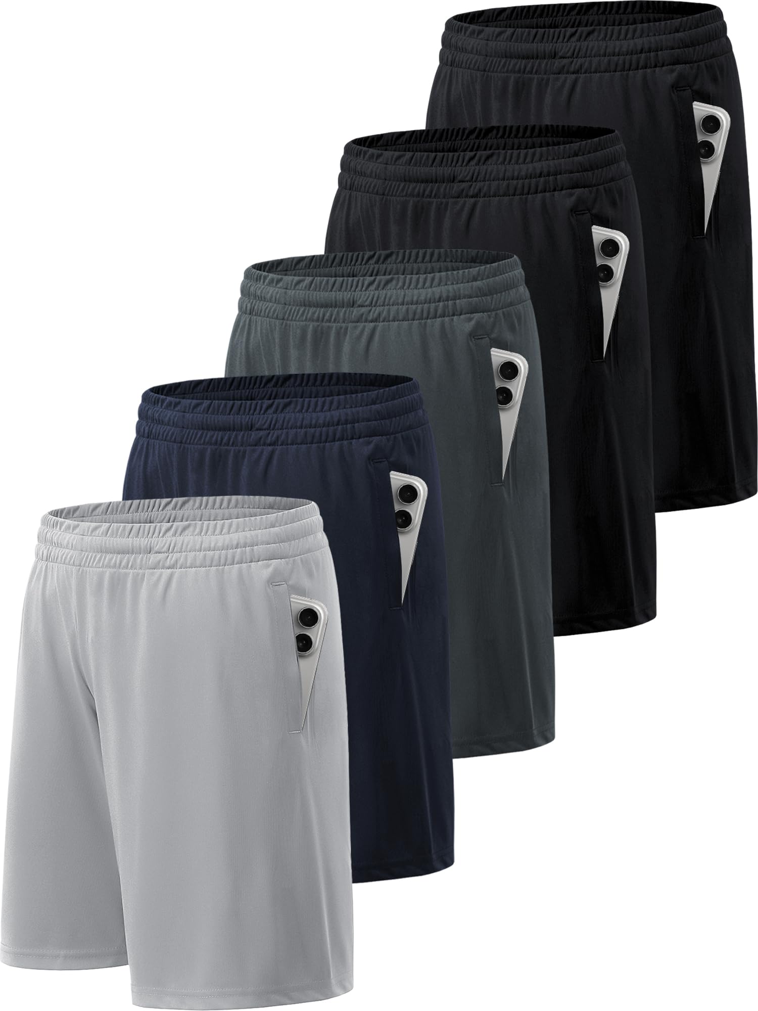 Photo 1 of BVNSOZ Men's Athletic Shorts with Pockets and Elastic Waistband Quick Dry Workout Shorts for Men, Black x 2, Navy, Dark Grey, Light Grey, M