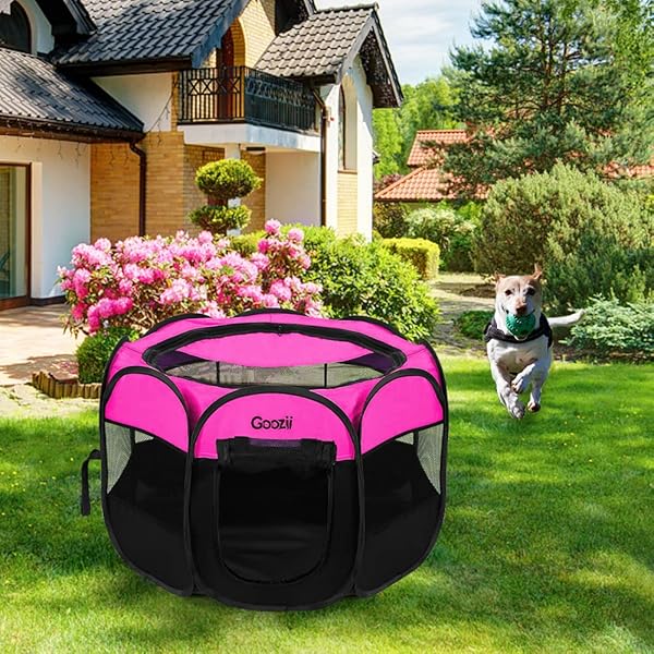 GOOZII PORTABLE DOG PLAYPEN FOR SMALL DOGS INDOOR OUTDOOR, FOLDABLE PET PUPPY PLAYPENS KENNEL TENT WITH TOP COVER DOOR FOR HOUSE CAT KITTY FOR DOG LOVER AS (MEDIUM SIZE, PINK)