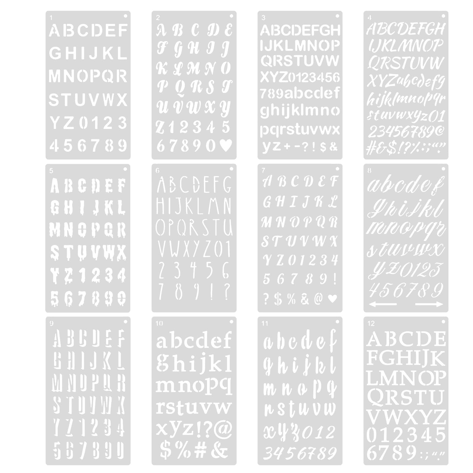 Letter Stencils, 12 Pcs Alphabet Number Stencil Letters for Crafts Reusable Assorted Styles Letter Templates for Painting Scrapbook