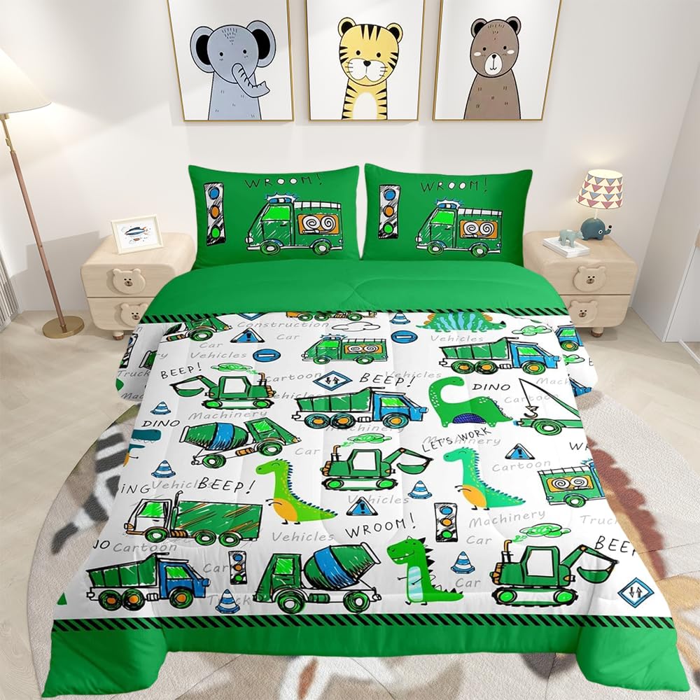 Loussiesd Kids Construction Duvet Insert/Quilt Boys Cute Cartoon Dinosaur Comforter For Toddler Ultra Soft Equipment Trucks Car Bedding Set Machinery Truck Dino Down Comforter Double Size Duvet Set — image 1