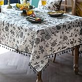 SUTAVIA Boho Cotton Linen Tablecloth Bohemian Black Floral Beige Fabric Tassel Lace Farmhouse Table Top Dust-Proof for Home Kitchen Holiday Party Dining Table(Black Flower, Rectangle, 60"x84")