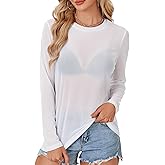 LYANER Women's Sheer Mesh Long Sleeve Round Neck Sexy See Through Blouse Shirt Top