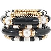 GOOJIDS Simple Beaded Gold Plated Bangles Bracelet Chunky Bamboo Tube Curved Stacking Clear Acrylic Colorful Beads Stretchable Gold Plated Bracelets Set For Women