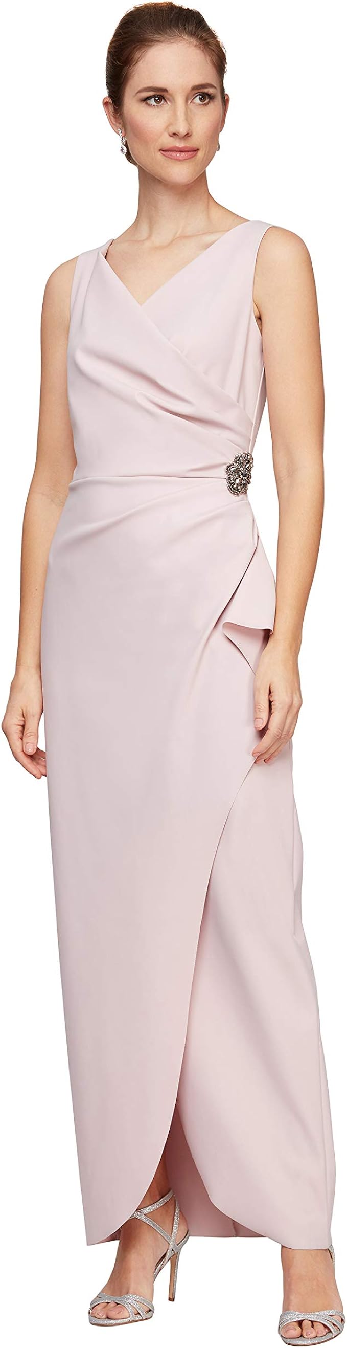 alex evenings ruched draped brooch gown