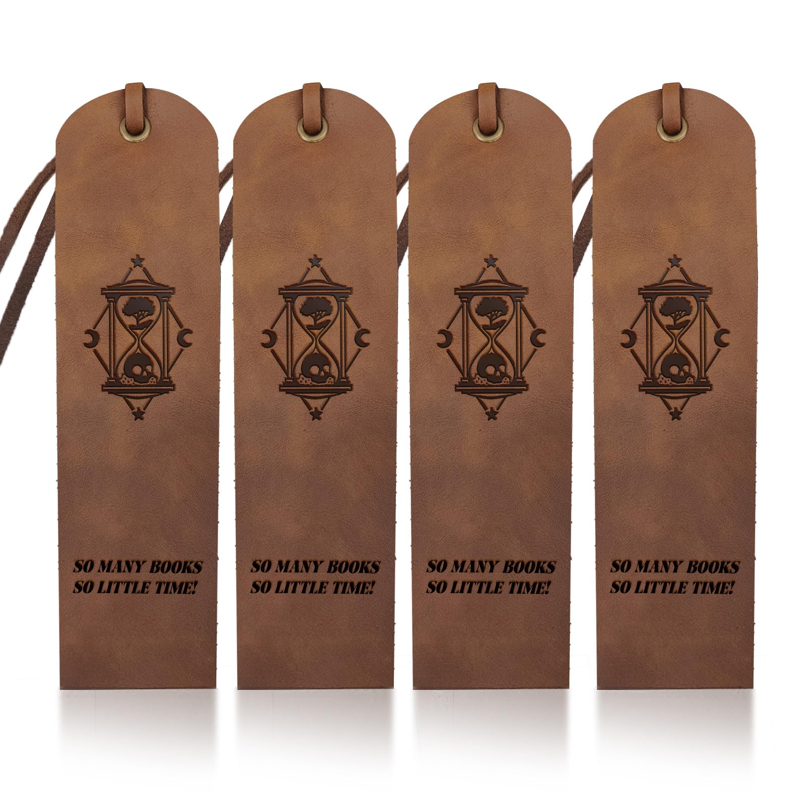 MAYJOYDIY 4pcs Hourglass Tree Leather Bookmark Skull Moon Star Leather Page Markers 5×18cm So Many Books So Little Time Text Handmade Vintage Book Mark for Book Reading Bookworms Writers Gifts