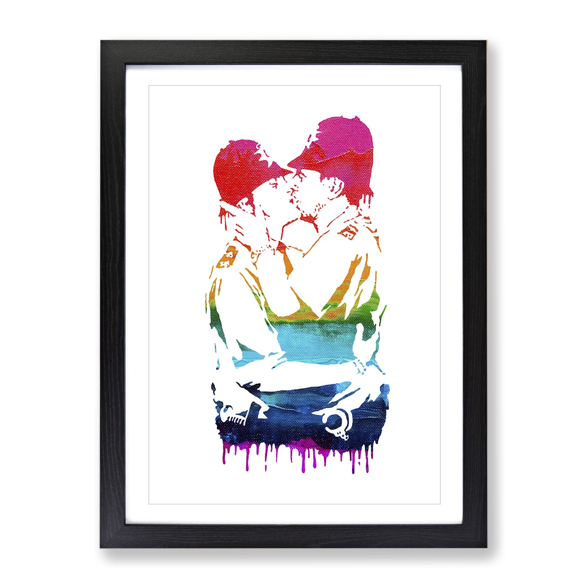 Banksy Kissing Policemen Modern Framed Wall Art Print, Ready to Hang Picture for Living Room Bedroom Home Office Décor, Black A3 (34 x 46 cm)