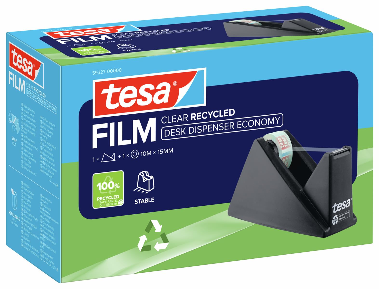 tesafilm Desk Dispenser for Adhesive Tape- Black includes 1 roll of tesafilm Eco and Clear 10 m x 15 mm, 59327-00000-01