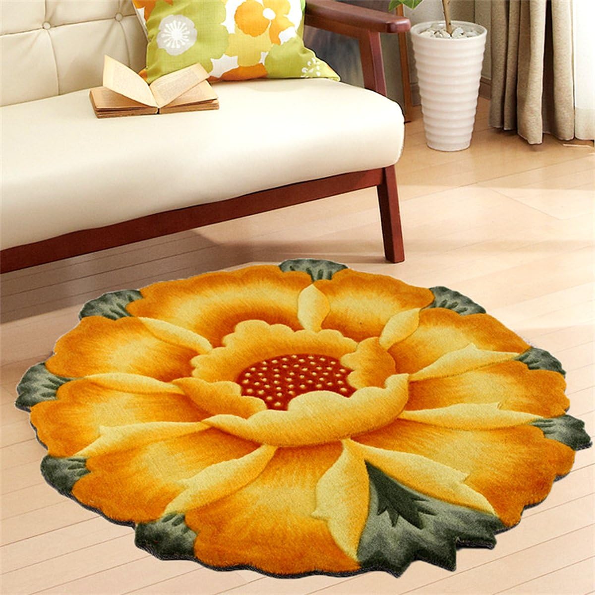 DEARMLSH 3D Soft Floral Area Rug Pads Carpet For Bedroom Living Room Kitchen Indoor sunflower No Slip Mat(35.4 * 35.4 in/90 * 90cm) (Yellow)