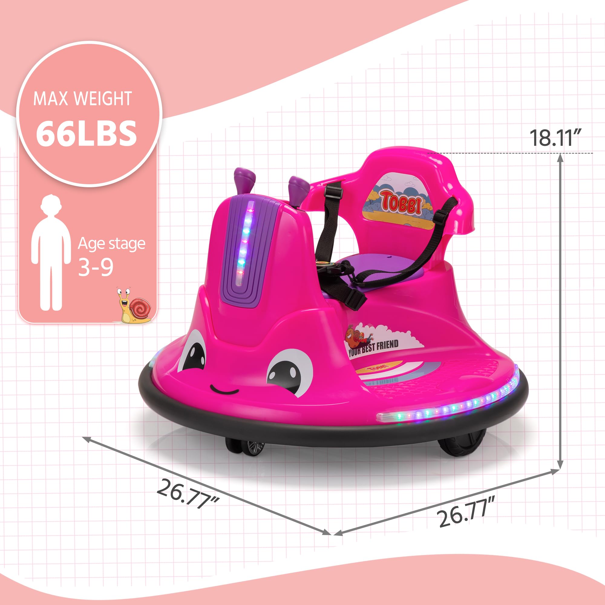 TOBBI Toddlers Bumper Car, 12v Baby Electric Ride On Snail Shape Toy with Remote Control/Children DIY Funny Stickers/360 Degree Spin for Kids of Ages 1.5-9 (Rose Red)