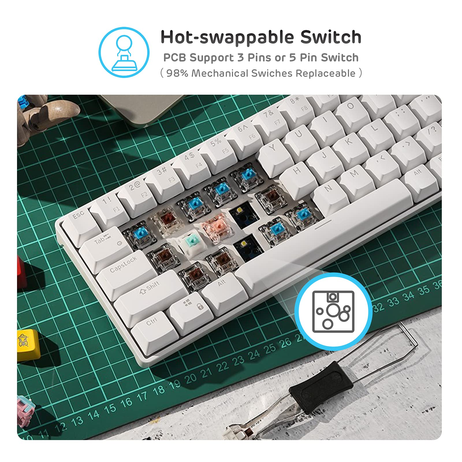 RK ROYAL KLUDGE RK61 Wireless 60% Mechanical Gaming Keyboard, Ultra-Compact 60 Keys Bluetooth Mechanical Keyboard with Programmable Software (Blue Switch, White)