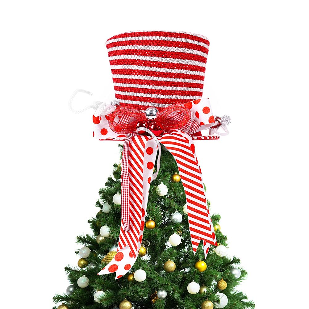 Christmas Tree Topper Retractable Foldable Plaid Top Hat Xmas Tree Topper Ornament with Large Bow, Xmas/Holiday/Winter Wonderland Party Decoration Ornament Supplies