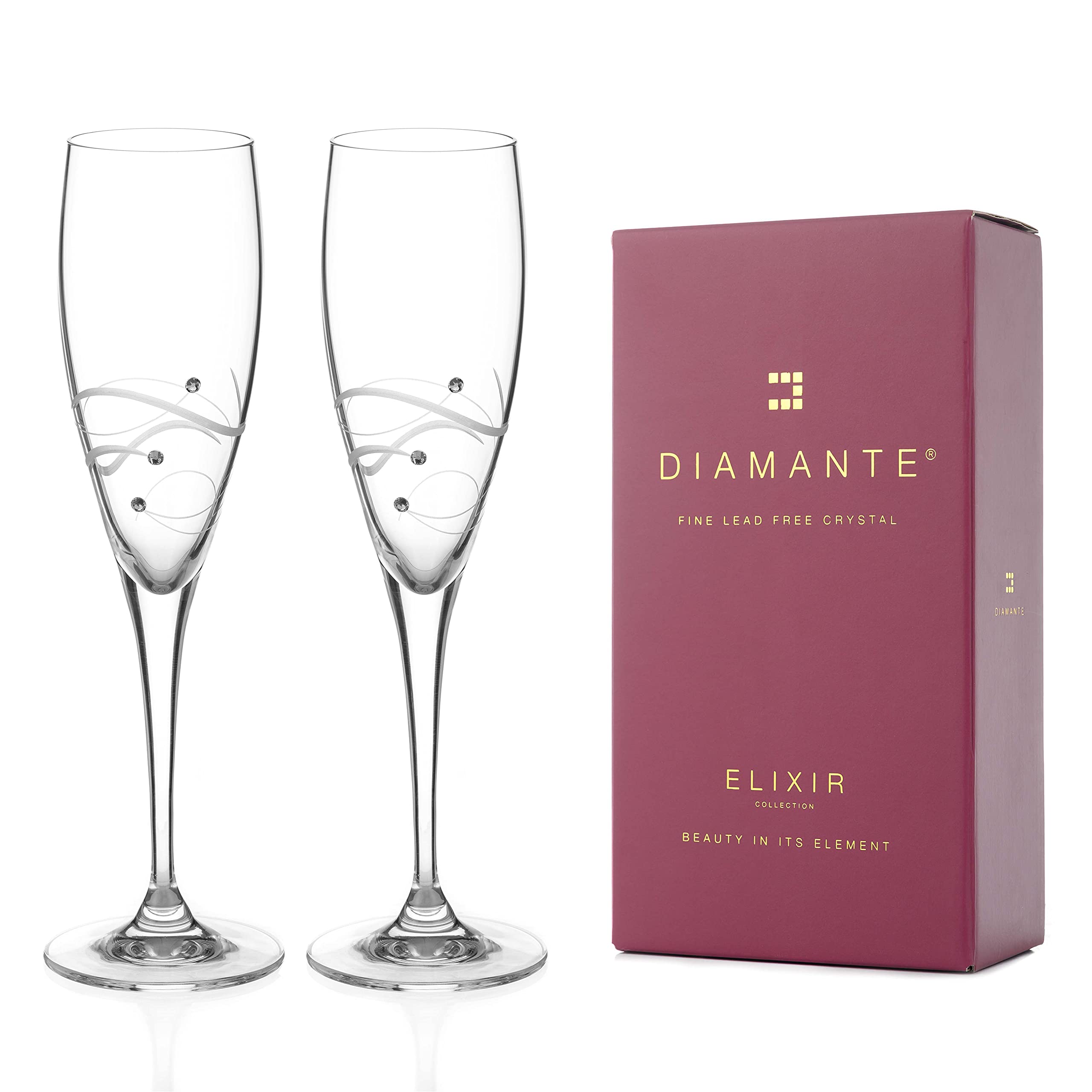 DIAMANTE Swarovski Champagne Flutes Prosecco Glasses Pair 'Chelsea Spiral' - Set of 2