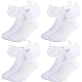Dioxay Girls White Ruffle Socks Toddler Girl Frilly Lace Dress Ruffles Fold Over Cuff Sock Comfortable Cotton Socks