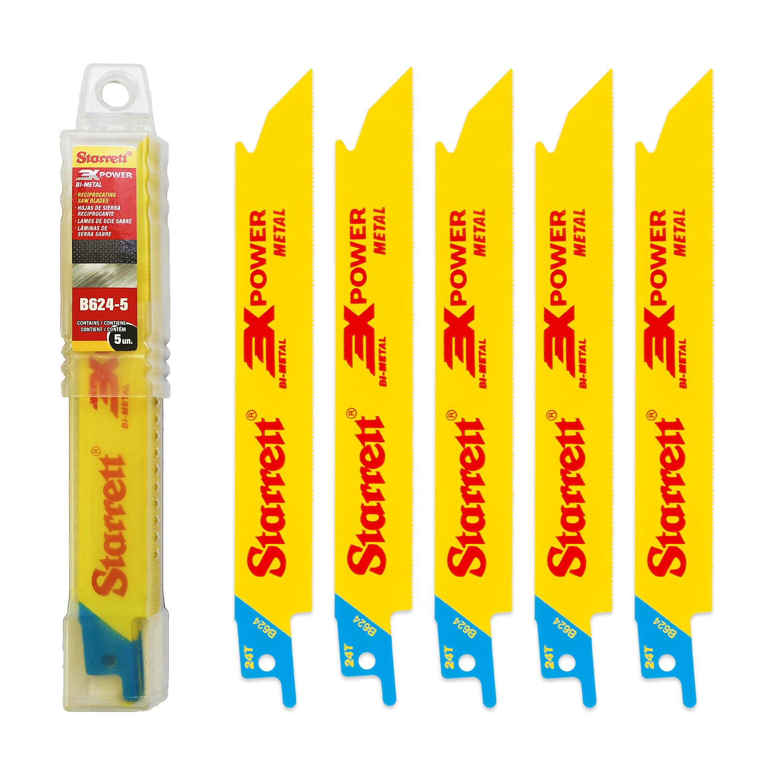 Starrett Metal Cutting Reciprocating Saw Blade - 5 Pieces B624-5 150 mm/6" Inch 24 TPI Unified Shank Straight Cut Bi-Metal - Compatible with Bosch Dewalt Makita & Many Others