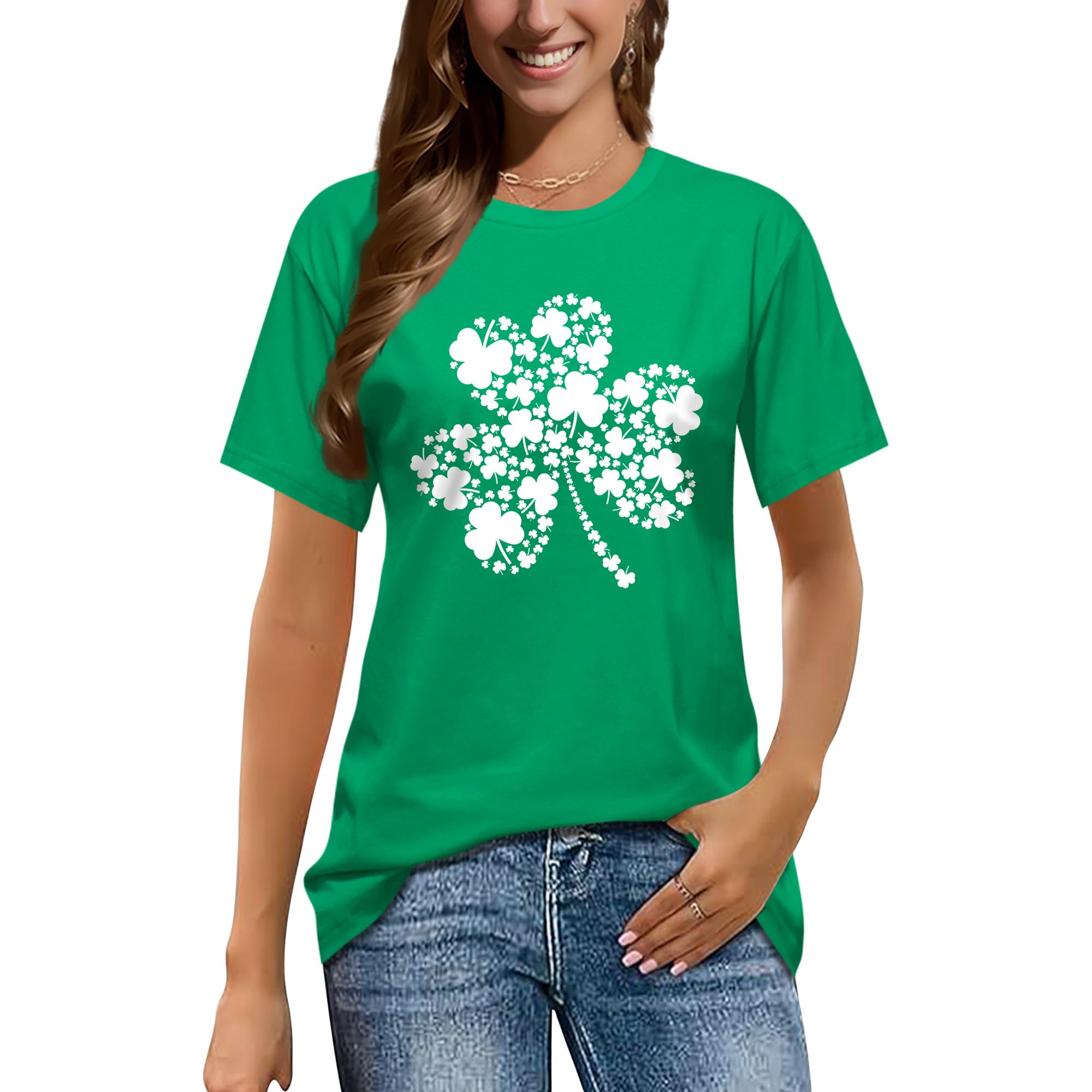 XLIEVO St Patrick's Day Shirts for Women:Lucky Irish Shamrock Crew Neck Short-Sleeve Graphic Higher Quality Printed T-Shirt