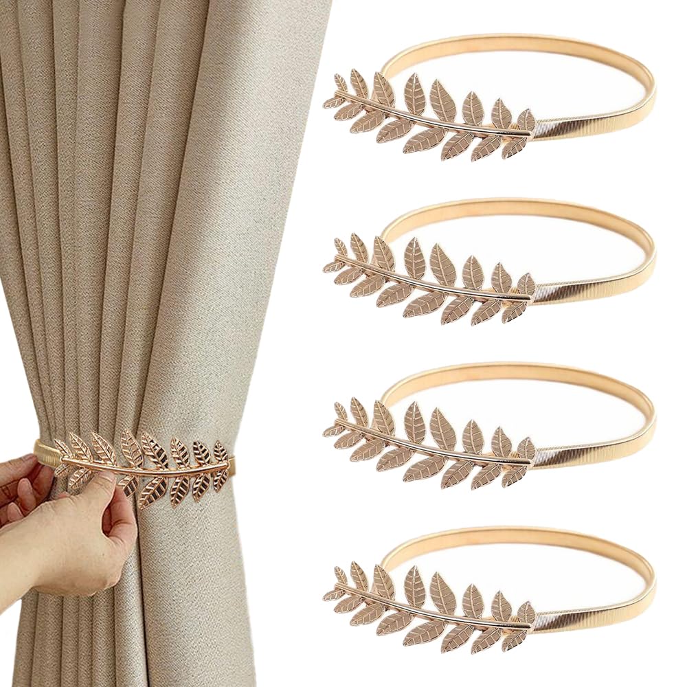 TRKETK 4 Pcs Curtain Tie Backs, Gold Curtain Holdbacks Creative Leaf Curtain Tieback Curtain Clips Rope Adjustable Gold Leaf Curtain Tie Backs for Home Hotel Bedroom Office (Golden Leaves)