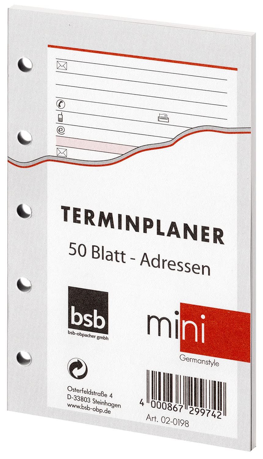 bsb Insert addresses and Contacts, Size: Approx. A8, 5-Hole Punched for bsb Pocket Organiser