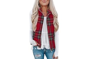 Rapbin Women's Plaid Outerwear Vests Tops Zip Up Collared Sleeveless Jacket with Pockects