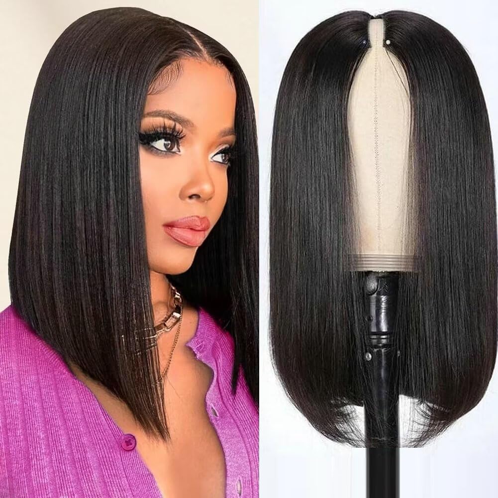 Bob Glueless Human Hair Wig - V Part & U Part Styles, Natural Black Color, 10 Inch