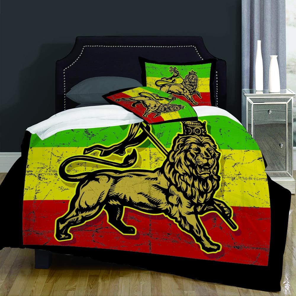 JUHAN Duvet Cover Set-Bedding,Green Rasta Lion of Judah Flag Red Reggae Jamaica Rastafarian Ethiopia,Quilt Cover Bedlinen-Microfibre 220×240CM with 2 Pillowcase 50×80CM