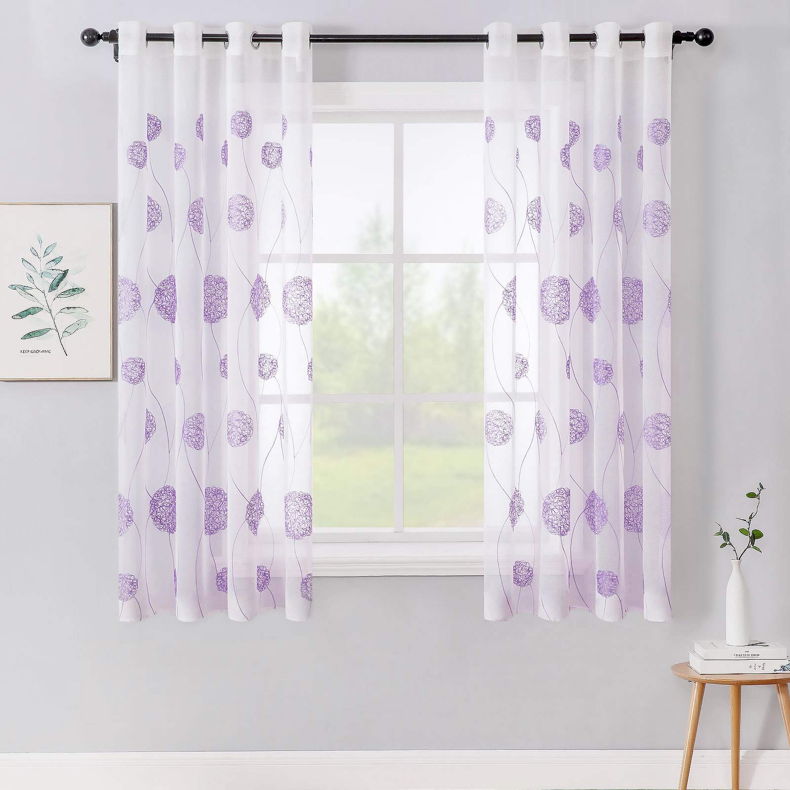 MIULEE Embroidery Sheer Curtains Flora Design Grommet Window Curtain Semi Voile Drapes Panels with Eyelets Window Treatments for Living Room Bedroom 2 Panels 55" W x 63" L Purple