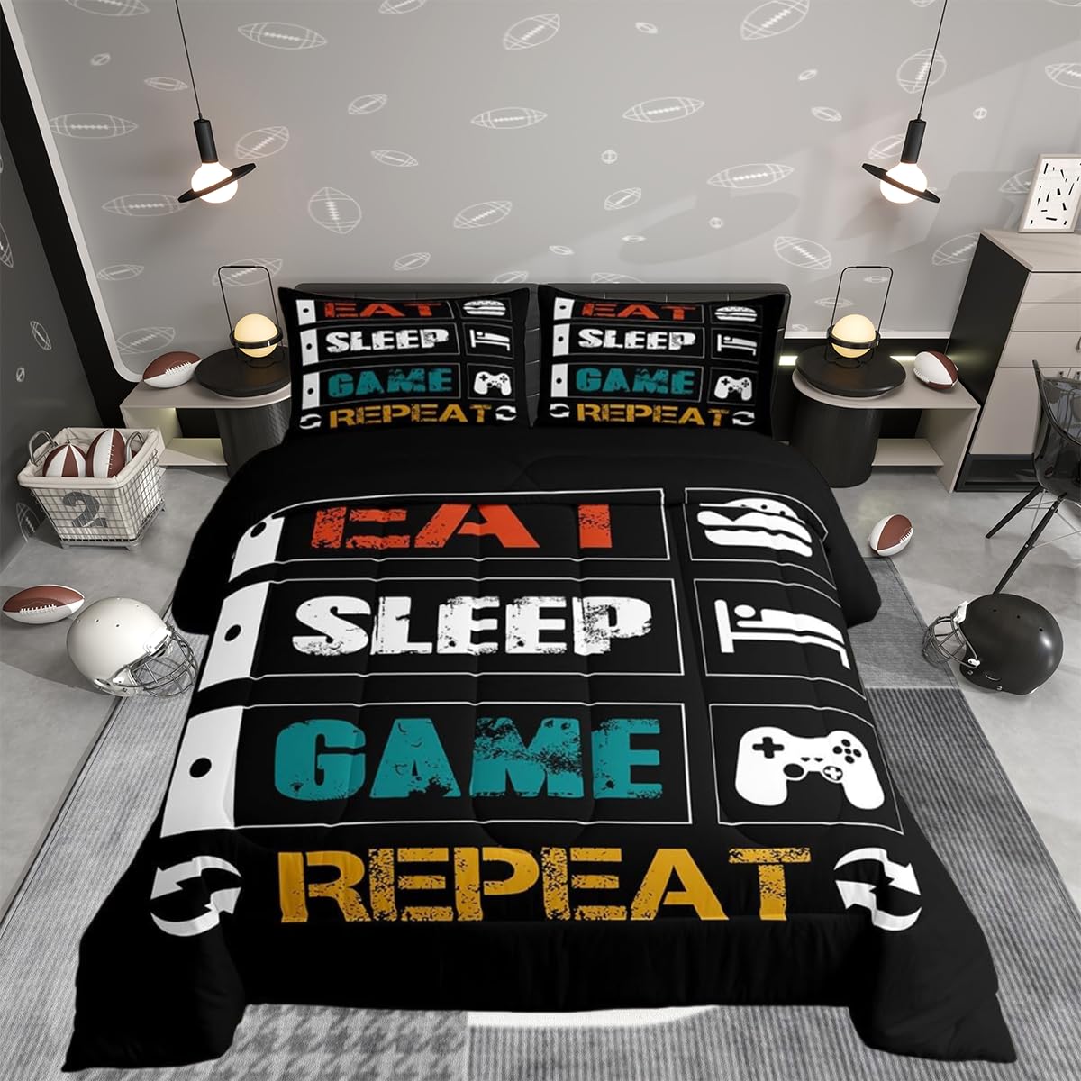 Loussiesd Gamer Duvet Set for Boys Gaming Bedding Set Girls Kids Video Game Controller Funny Creative Eat Sleep Game Repeat Single Size