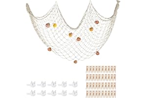 ZUEXT Photo Hanging Display Frames w/ 40 Clips & Sea Shells, 79x40 Inch Nautical Themed Mediterranean Fishing Net Photo Wall Decor, Picture Cards Artworks Organizer for Dorm, Home, Party Decorations