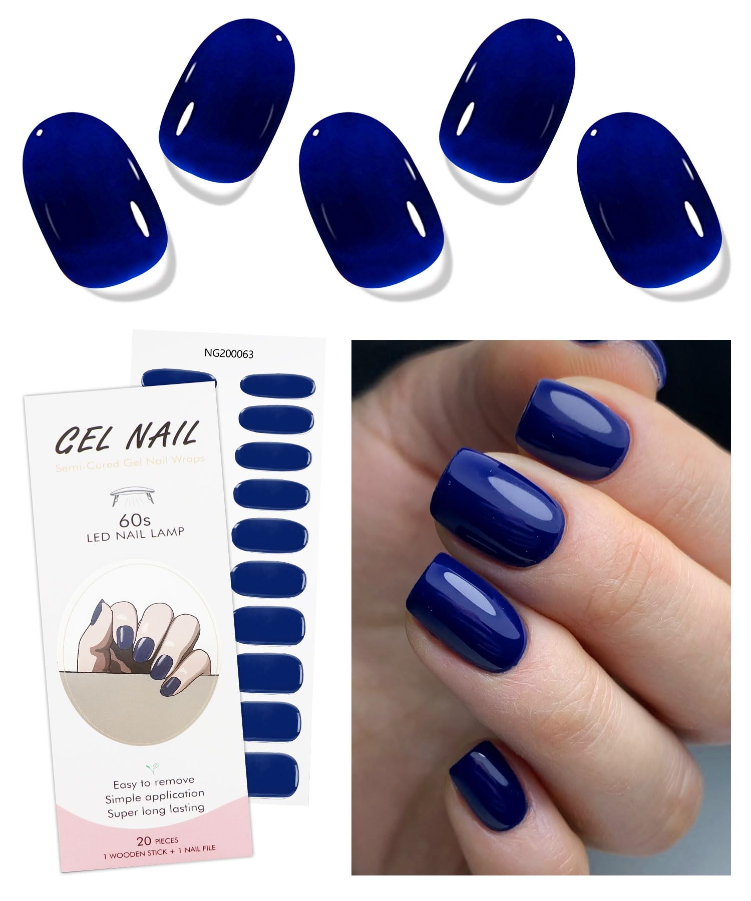 JMEOWIO Semi Cured Gel Nail Strips Royal Blue Gel Nail Stickers Nails Art Design Decoration Accessories