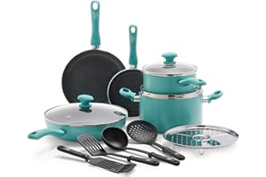 GreenLife Soft Grip Diamond Healthy Ceramic Nonstick 13 Piece Cookware Pots and Pans Set, PFAS-Free, Dishwasher Safe, Turquoise, Diamond Cookware