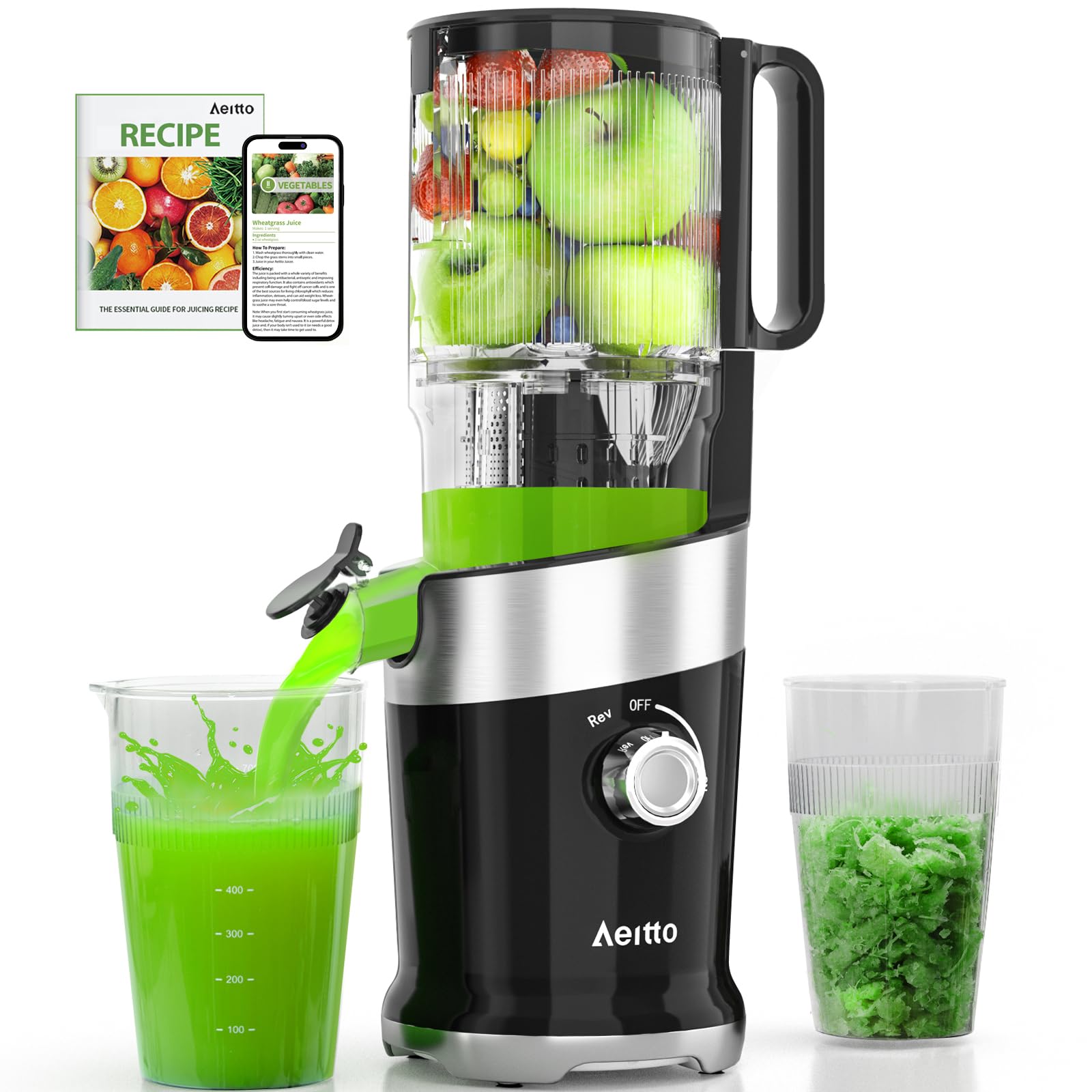 Photo 1 of Cold Press Juicer with Whole Feed Chute, Aeitto Masticating Juicer Machines, Juice Extractor Machine Easy to Clean, High Juice Yield, For Whole Vegetables and Fruits, Easy to Assemble, Onyx Black