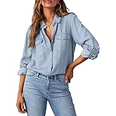 Astylish Women Button Down Denim Shirts Casual Long Sleeve V Neck Chambray Blouse Top
