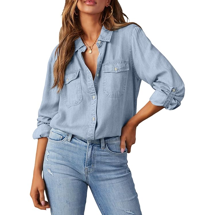 トップス Levis PULL OVER V-NECK S/S DENIM SHIRTS Women Denim Shirts Chambray Casual V Neck Collared Jean