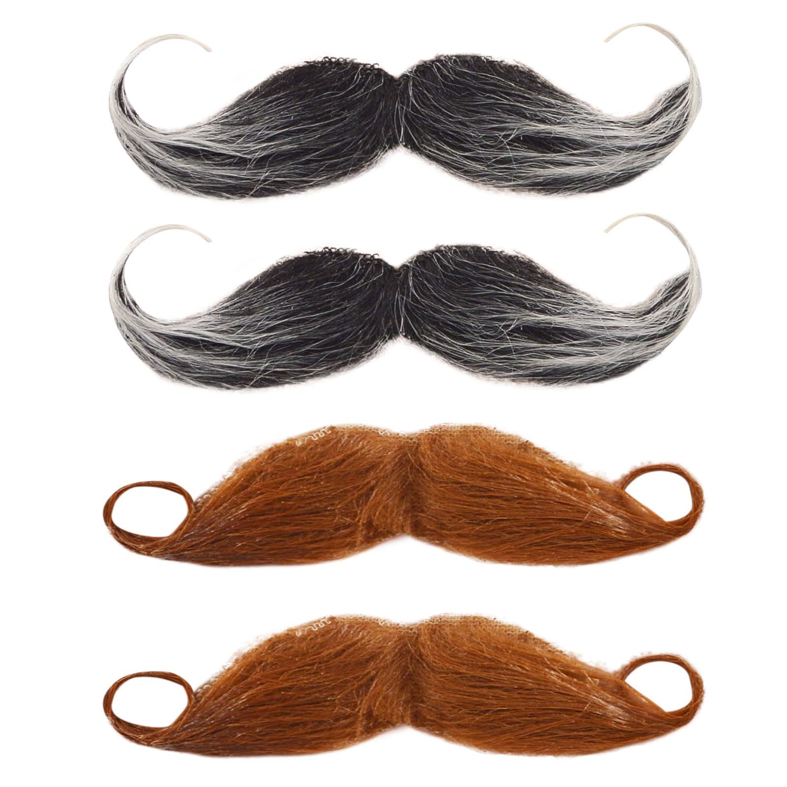 FUIPVGI 4 Pcs Fake Beards, Fake Mustaches Self Adhesive Curly Fancy Dress Moustache, Costume Fake Facial Hair, Old Man Detective Moustache, for Halloween Masquerade, Christmas Party (Brown, Black)