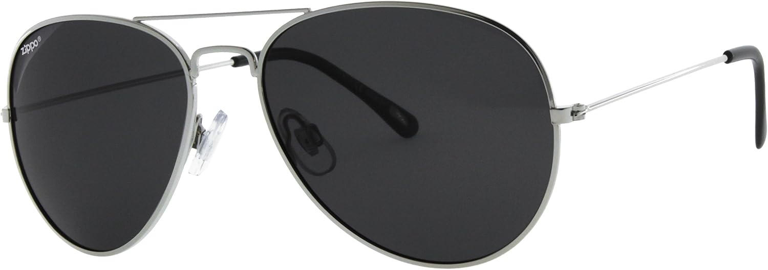 Zippo Eyewear, Flash Pilot Sunglasses, Polarized, UV400 Protection, Zippo Logo, Adult Unisex, Made in USA, Silver Frame