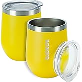 BJPKPK 2 pcs 12oz Insulated Wine Tumblers, 12oz Double Wall Vacuum Coffee Mugs with Lid, Unbreakable Stainless Steel Wine Glasses, Insulated Coffee Cups for Home & Outdoor, Yellow