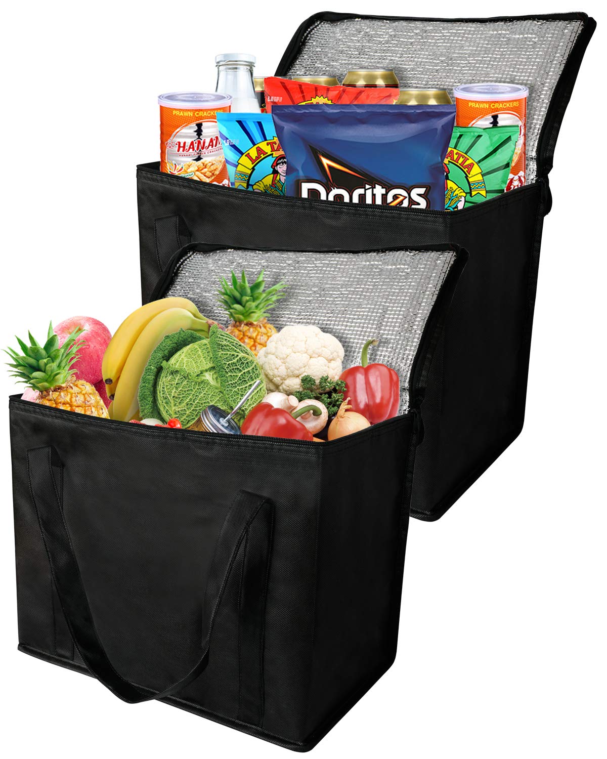 2 Insulated Reusable Grocery Bag Top Zipper Food Delivery Ubereats