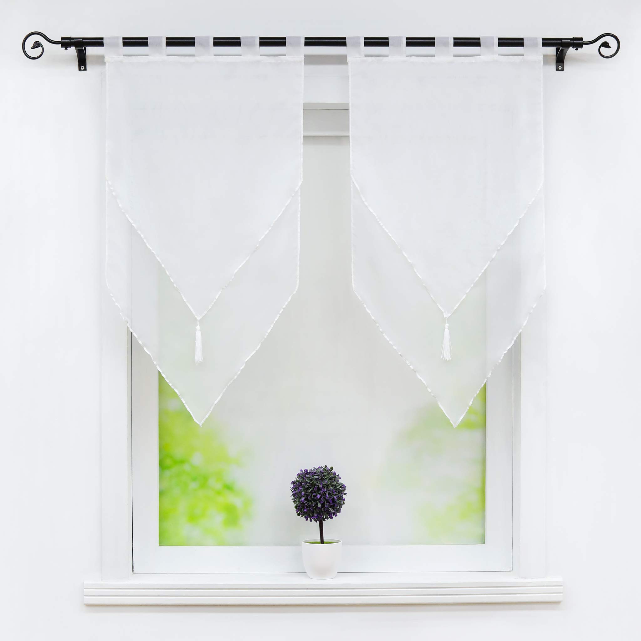 Joyswahl Lydia Set of 2 Double Layer Transparent Polyester Sheer Curtains with Tassels Fringe Window Decoration for Kitchen Living Room White/White WxH 60 x 120 cm
