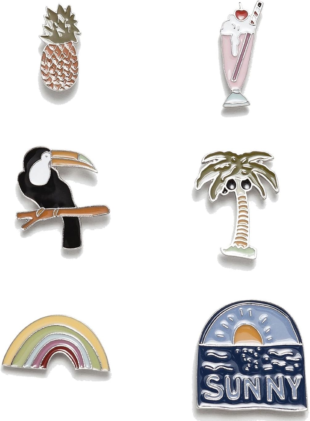 Crystallina Sehr Schones Hochwertiges 6er Set Pins Coole Tropen Motive Tukan Ananas Regenbogen Palme Eisbecher Sonne Zum Anstecken An Die Handtasche Jeansjacke Oder Die Jeans Amazon De Schmuck