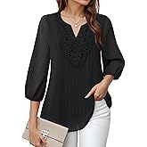 VALOLIA Women's Casual 3/4 Sleeve Chiffon Blouses V Neck Layered Embroidery Tunic Shirts