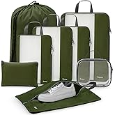 Gonex 8 Set Compression Packing Cubes for Travel, Expandable Mesh Packing Organizer for Travel Accessories Essentials with Toiletry Bag, Laundry Bag, Shoe Bag, Cable Bag for Carry On, Deep Green