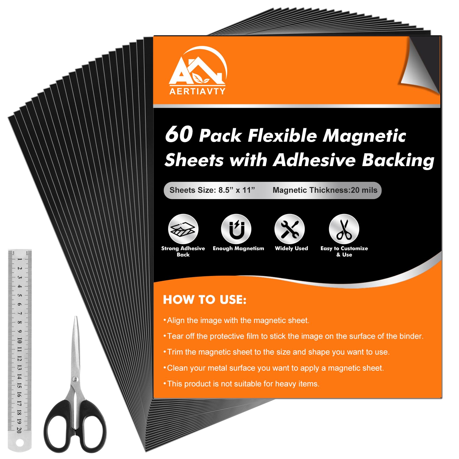 Photo 1 of Aertiavty 60 Packs Magnetic Sheets with Adhesive Backing 8.5x11 Inch Adhesive Magnetic Sheets for Dies Storage - 20 Mil Magnetic Contact Paper Peel and Stick, Magnetic Strips with Adhesive Backing