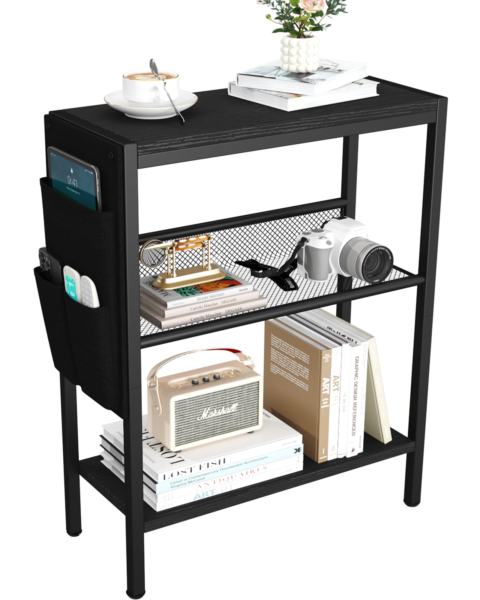 Yusong Small Narrow Side Table for Small Spaces, Slim End Table with Storage Bag, Sofa Snack Table with Adjustable Metal Mesh, 3 Tier Accent Skinny Beside Table for Living Room & Bedroom, Black Oak