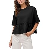 Lenader Women Summer Short Sleeve T-Shirts Oversized Dressy Casual Work Blouses Cropped Cute Ruffle Babydoll Peplum Tops