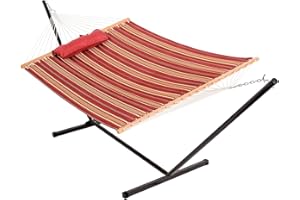LAZY DAZE HAMMOCKS Lazy Daze Quilted Fabric Hammock with 12-Foot Stand, Double 2-Person Hammock with Pillow for Outdoor Outside Patio, Garden, Backyard, 450LB Capacity, Red/Brown Stripe