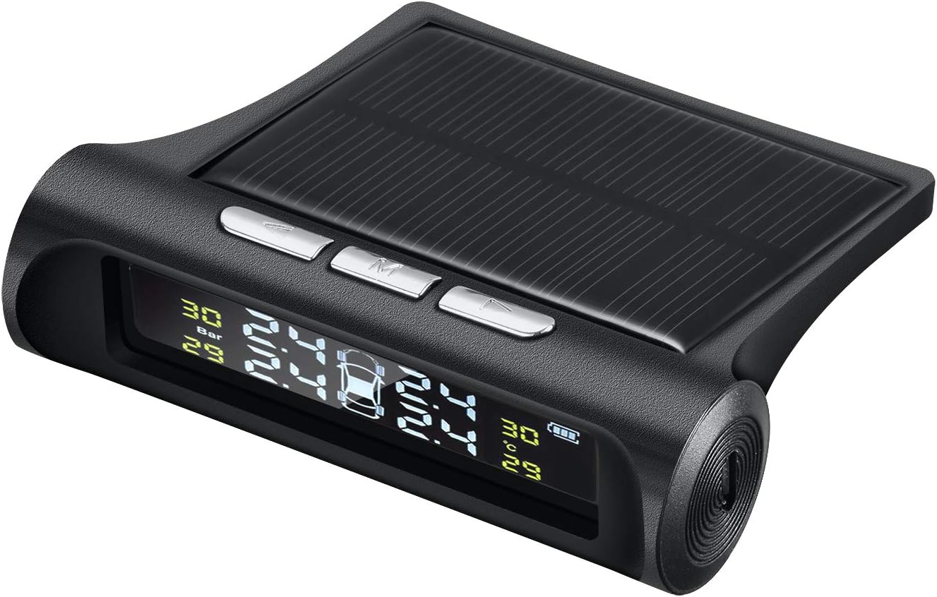 Aftermarket Tire Pressure Monitoring System TPMS with Solar Power Panel Real Time Monitoring Tires Pressure and Temperature with 4 Wireless & Waterproof Cap Sensors