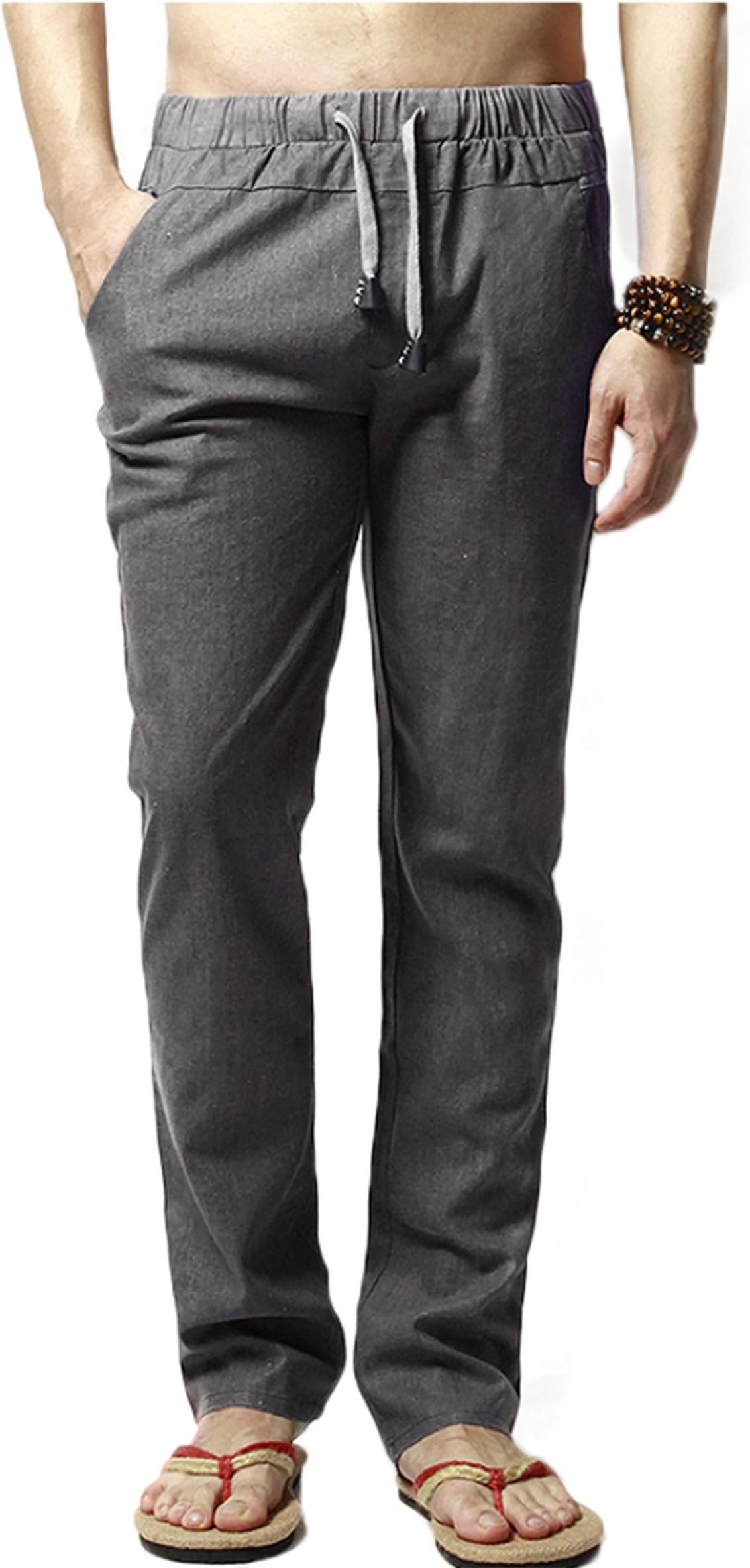 Men's Linen Comfortable Breathable Casual Pants Trousers Elastic Waist Drawstring